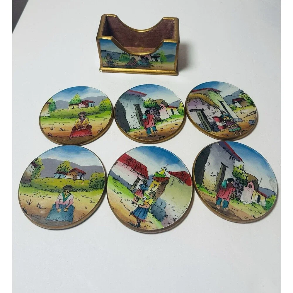 Peru Reverse Painted Glass & Wood Coasters Village Folk Art  Set of 6 w/ Holder